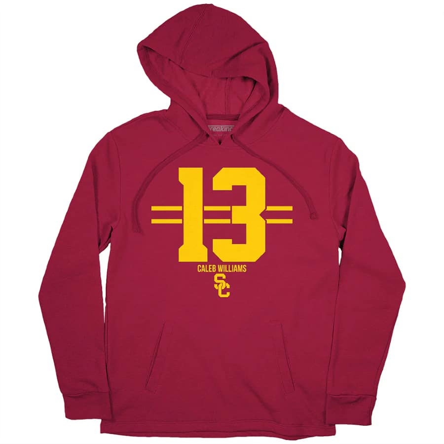 USC Football:  Caleb Williams 13 Hoodie - Cardinal colored on a white background.