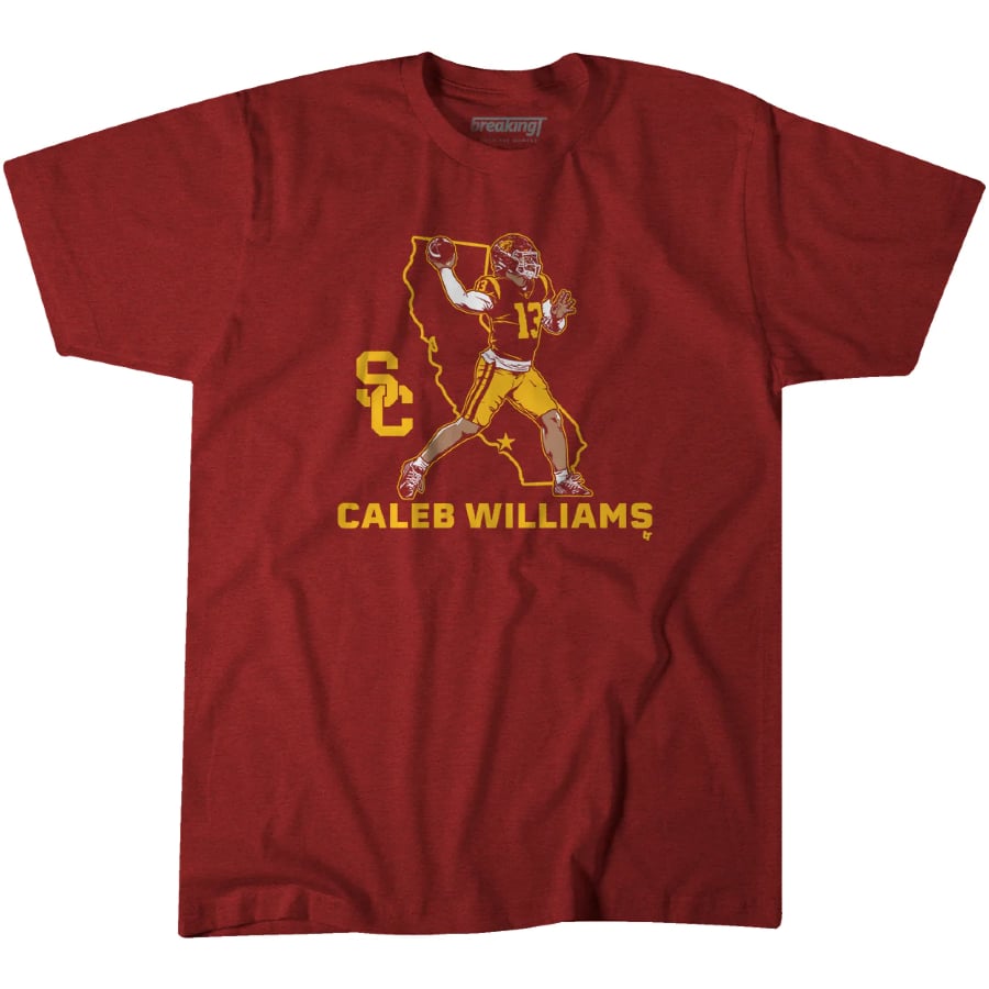 USC Football Caleb Williams State Star T-Shirt - Cardinal colored on a white background.