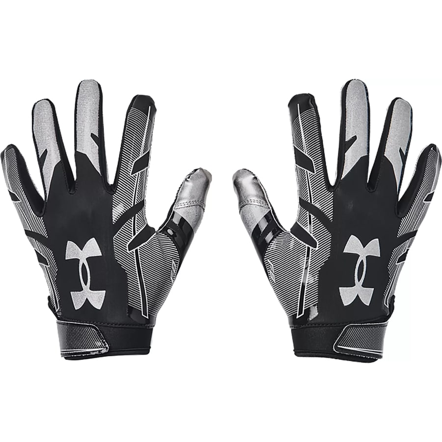 Under Armour Adult F8 Football Gloves - Black/Silver on a white background. 