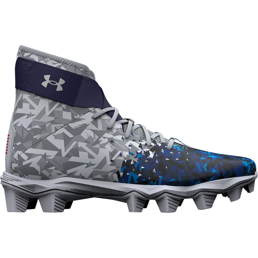 Under Armour Kids' Highlight RM LE Football Cleats - White/Silver/Royal blue colorway on a white background.