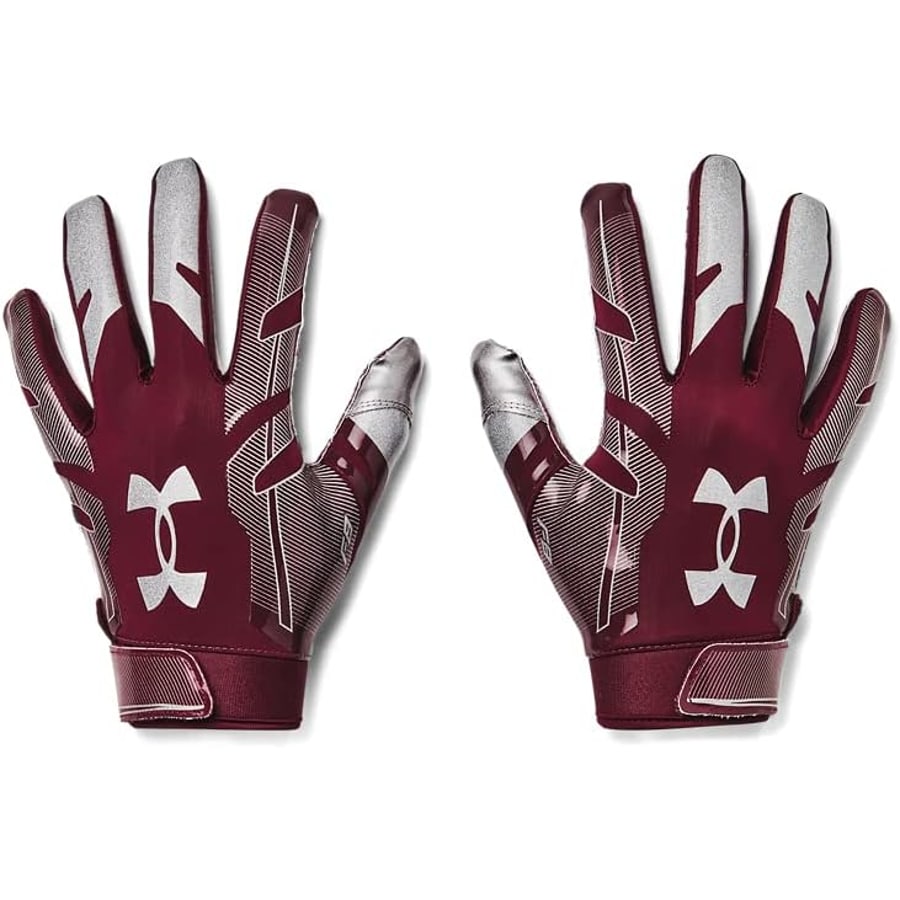 Under Armour Men's F8 Football Gloves - Maroon/Silver Metallic colorway on a white background. 