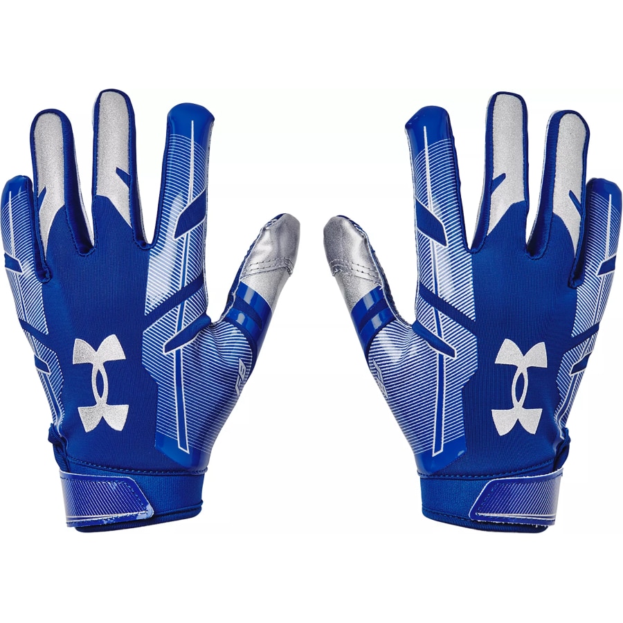 Under Armour Youth F8 Football Gloves - Royal blue/Silver colorway on a white background. 