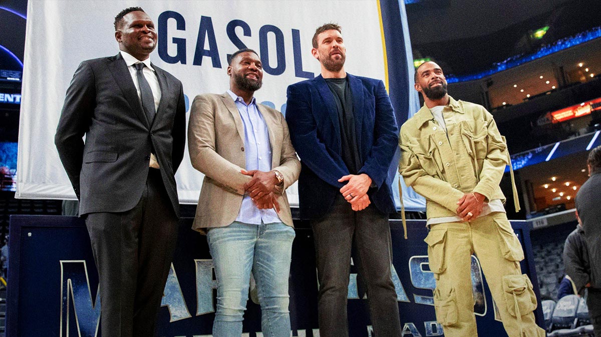 Former Grizzlies players Zach Randolph, Tony Allen, Marc Gasol and Mike Conley, known as the “Core Four,” pose for a photo after the jersey retirement ceremony for Gasol at FedExForum in Memphis, Tenn., on Saturday, April 6, 2024.