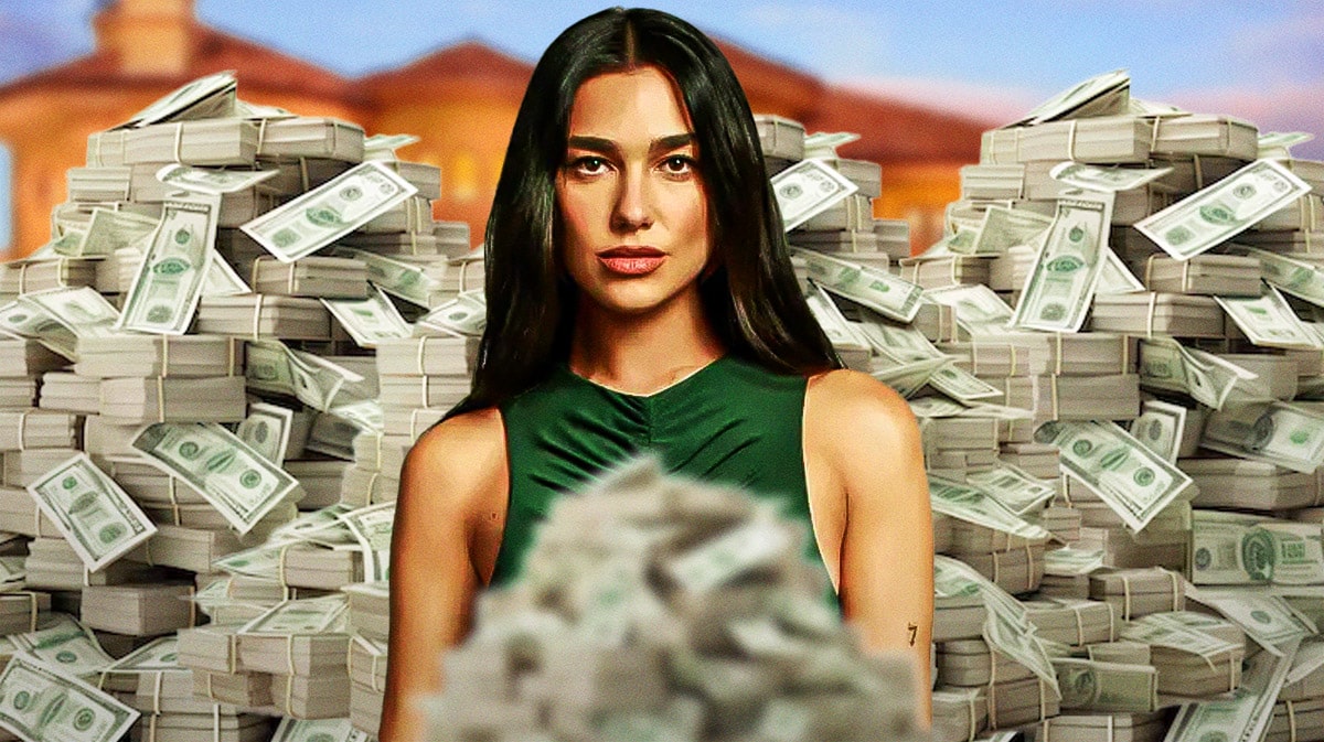 Dua Lipa surrounded by piles of cash.