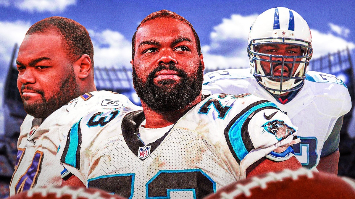 Michael Oher in Ravens, Titans and Panthers uniforms.