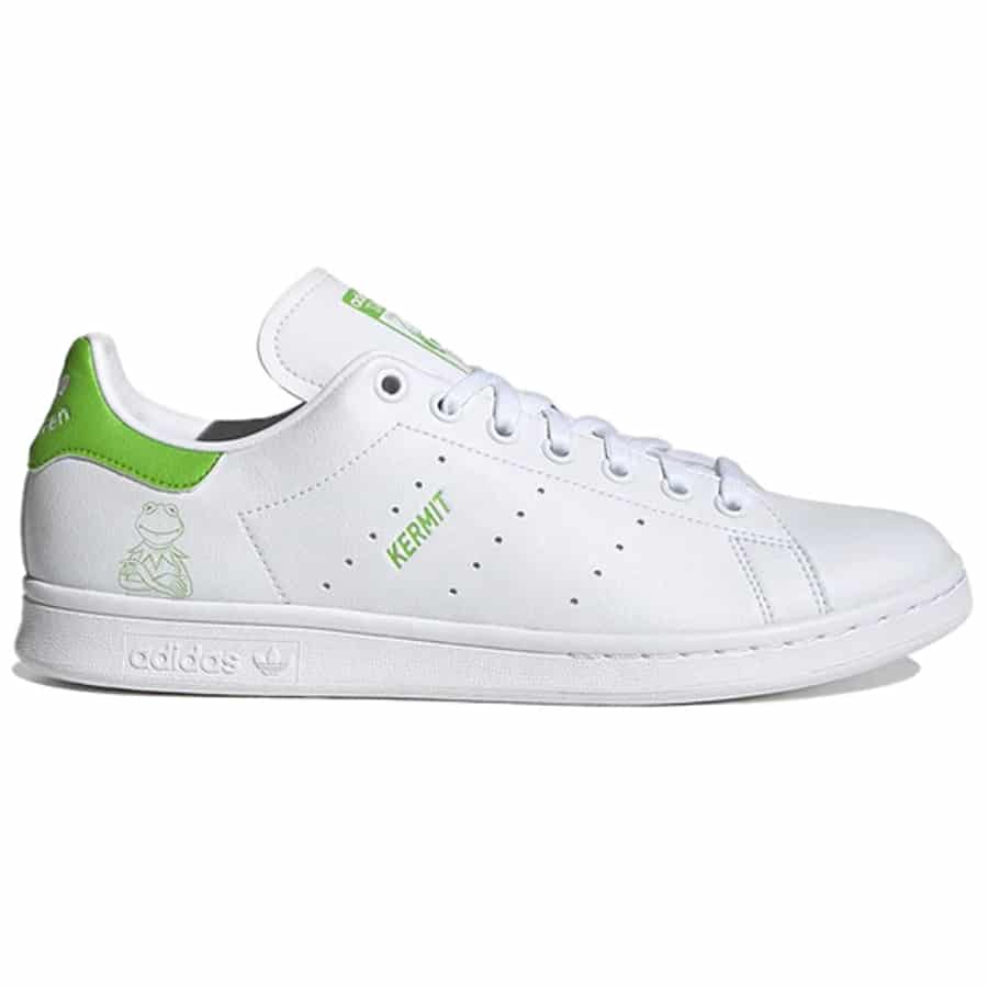 Adidas Stan Smith 'Kermit the Frog' - Cloud White/Cloud White/Green colorway on a white background. 