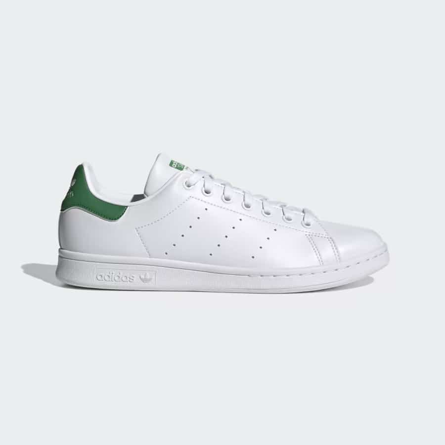 Adidas Stan Smith Shoes - Cloud White/Cloud White/Green colorway on a light gray background. 