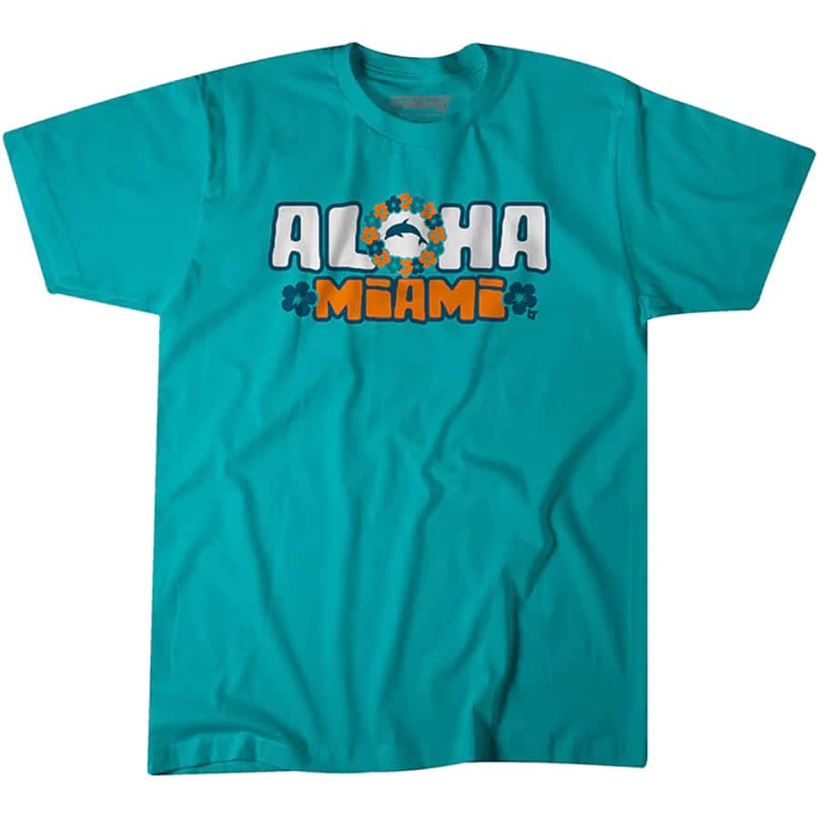 Aloha Miami T-Shirt - Aqua colored on a white background.