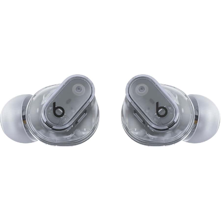 Beats Studio Buds + True Wireless Noise Cancelling Earbuds - Transparent colored on a white background. 