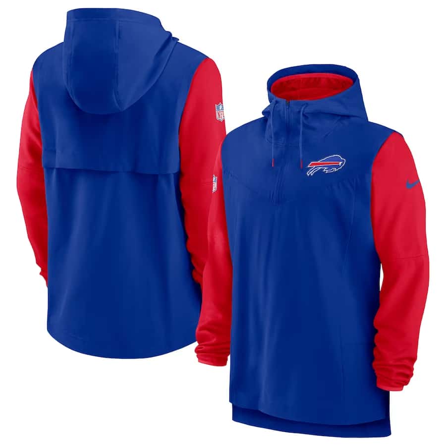 Buffalo Bills Nike Sideline Player Quarter-Zip Hoodie - Royal/Red colorway on a white background.