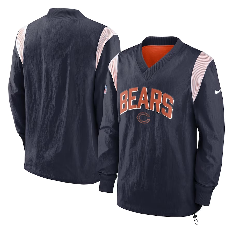 Chicago Bears Nike Sideline Athletic Stack V-Neck Pullover Windshirt Jacket - Navy colored on a white background.