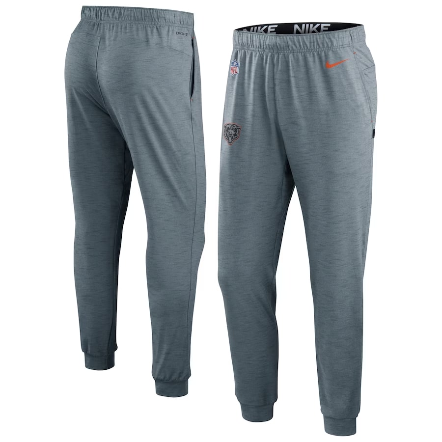 Chicago Bears Nike Sideline Pop Player Performance Lounge Pants - Heather Gray colored on a white background.