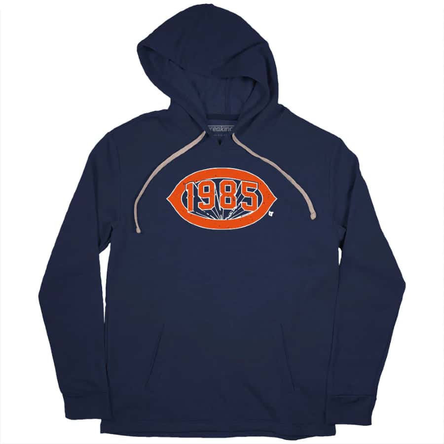 Chicago Football 1985 Hoodie - Navy colored on a white background.