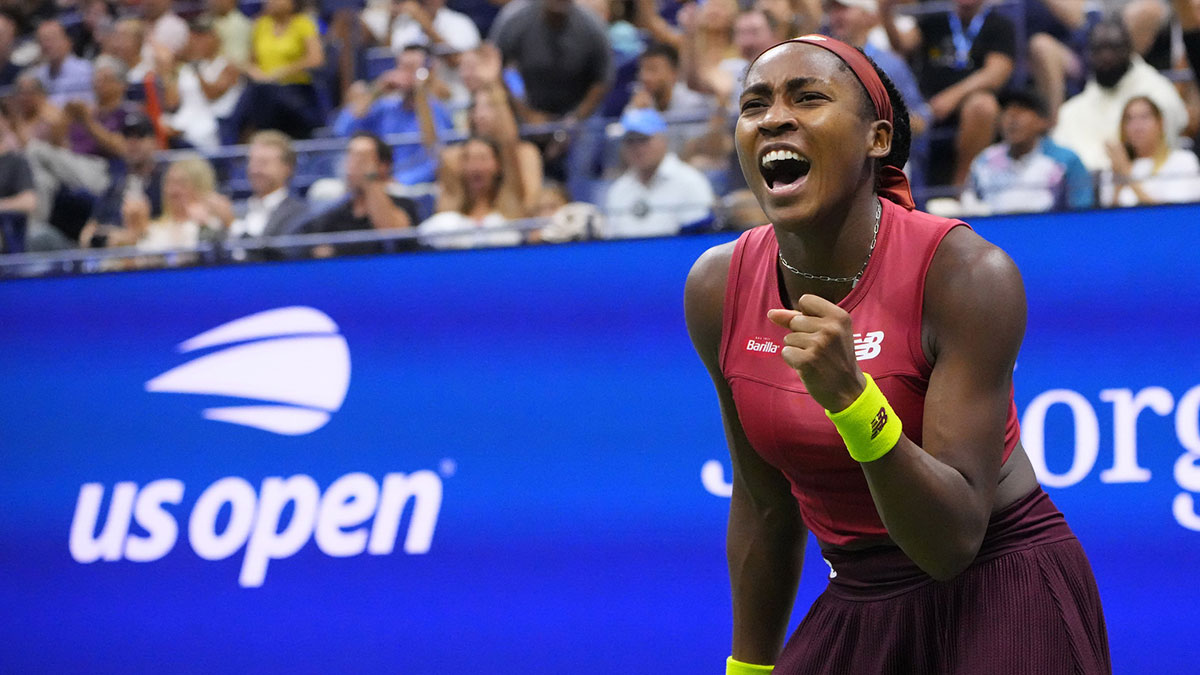 Coco Gauff of the United States reacts after winning a point against Aryna Sabalenka (not pictured) in the women's singles final on day thirteen of the 2023 US Open at the USTA Billie Jean King Tennis Center.