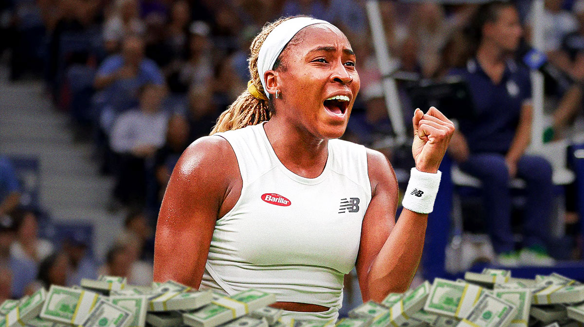 Coco Gauff surrounded by piles of cash.