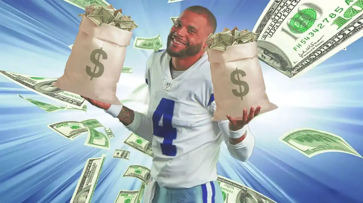 Dak Prescott holding bags of cash.