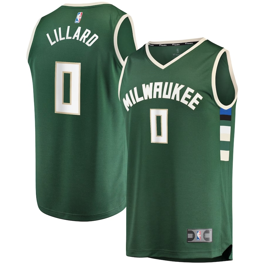Damian Lillard Milwaukee Bucks Fanatics Branded Men's Fast Break Player Jersey - Icon Edition - Hunter Green colored on a white background.