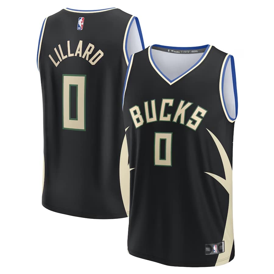 Damian Lillard Milwaukee Bucks Fanatics Branded Youth Fast Break Player Jersey - Statement Edition - Black color on a white background.