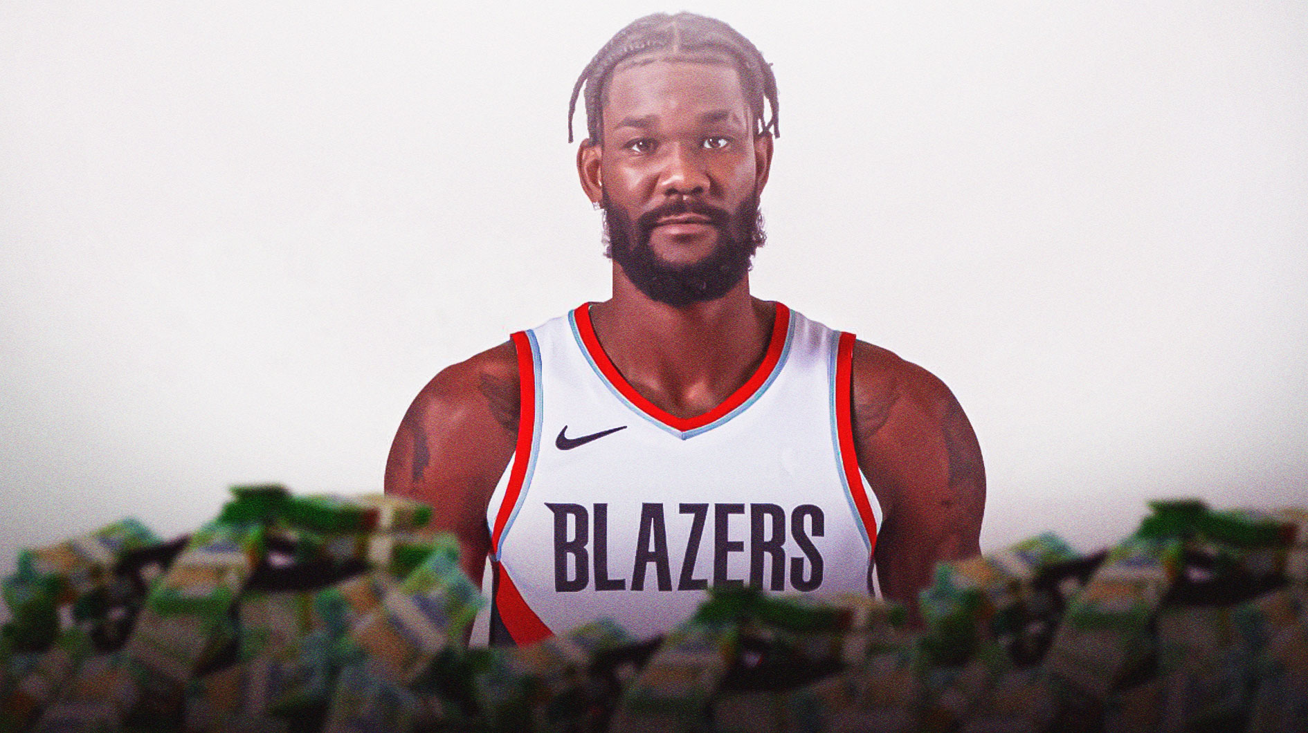 Deandre Ayton surrounded by piles of cash.