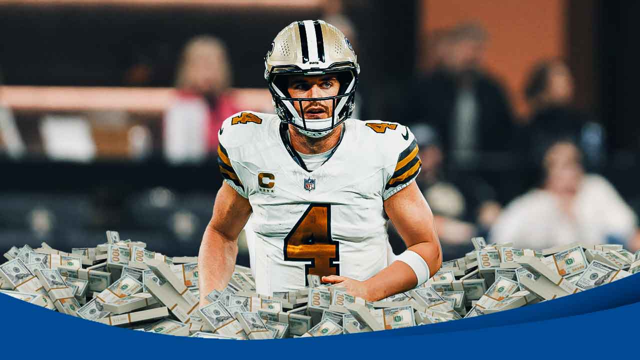 Derek Carr surrounded by piles of cash.