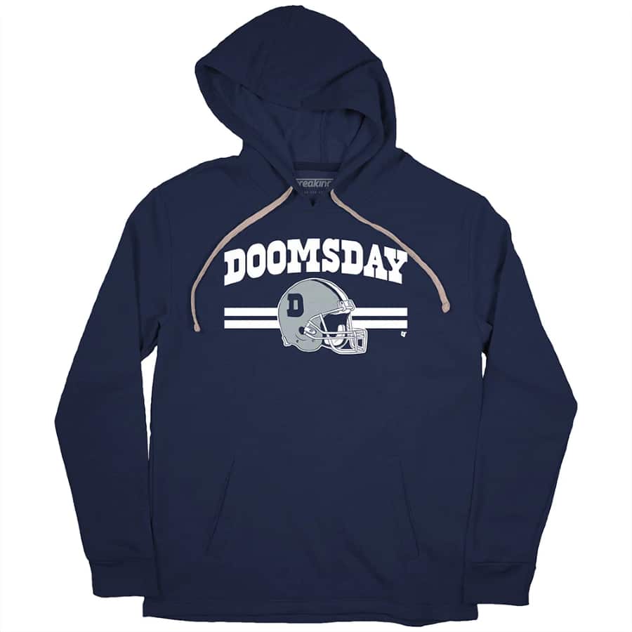 Doomsday in Big D Hoodie - Navy colored on a white background.