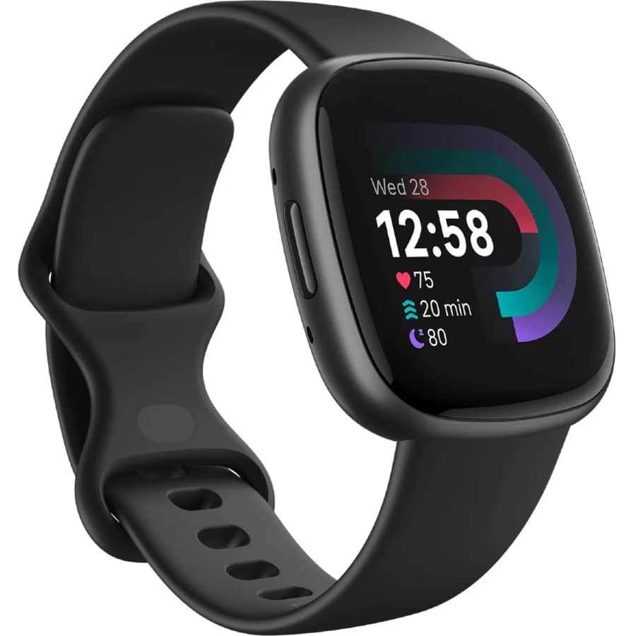 Fitbit Versa 4 - Black colored on a white background.