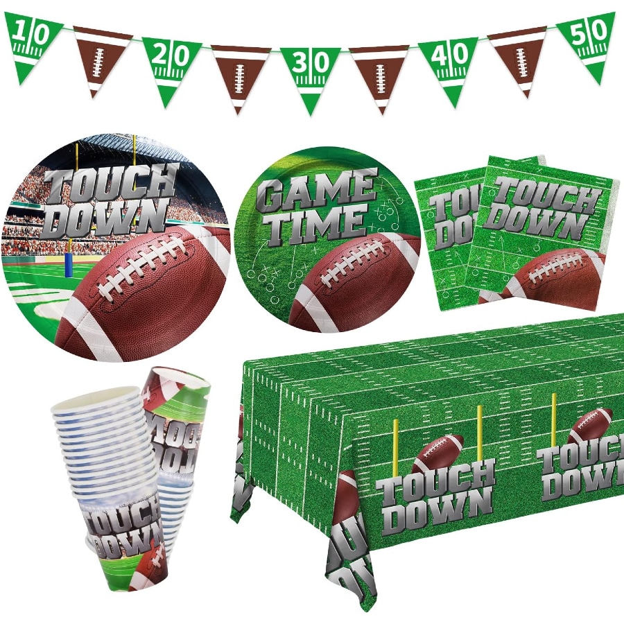 Gatherfun Football Party Supplies Kit (Serves 25) display on a white background. 