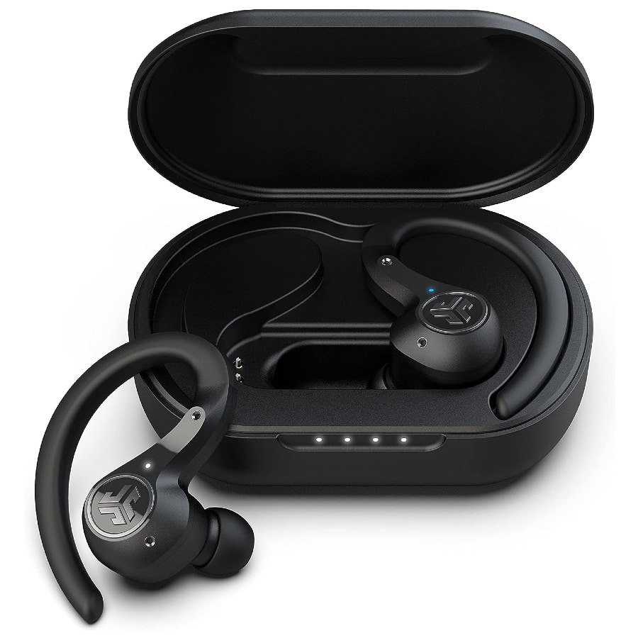 JLab Epic Air Sport ANC True Wireless Bluetooth 5 Earbuds - Black colored on a white background.
