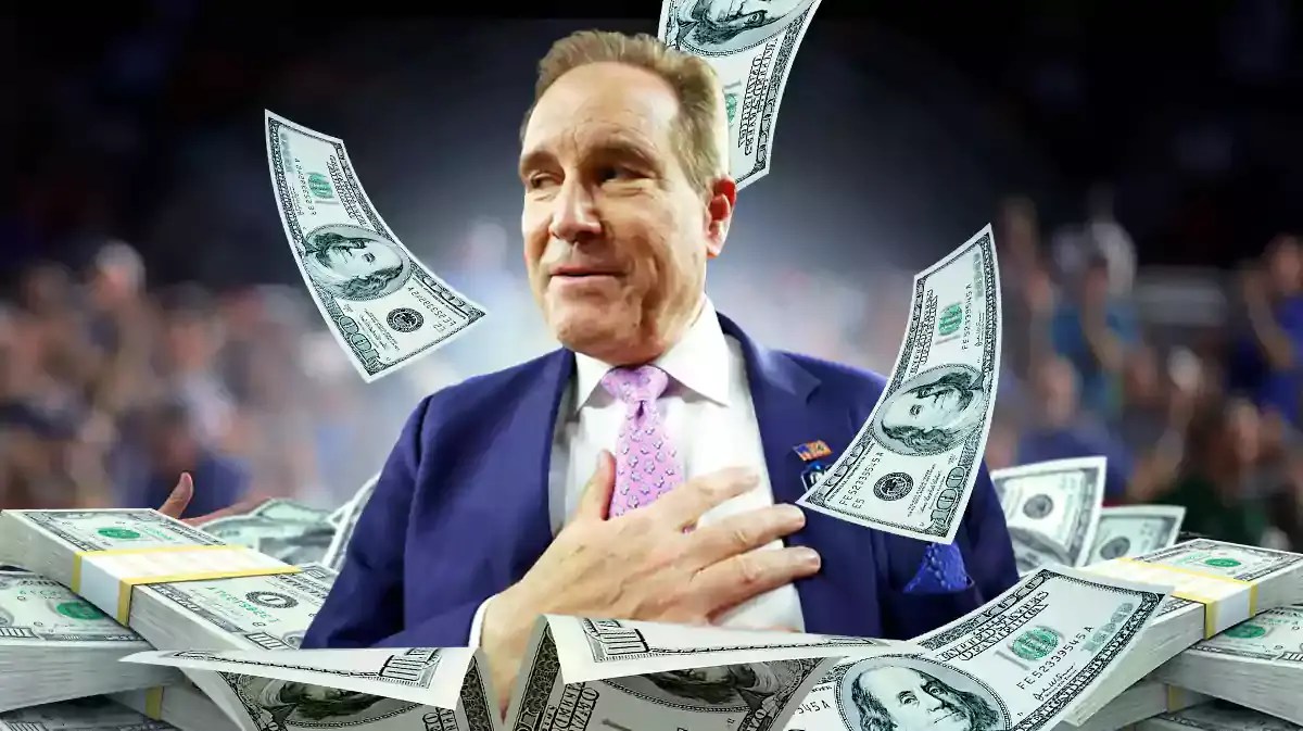 Jim Nantz surrounded by piles of cash.