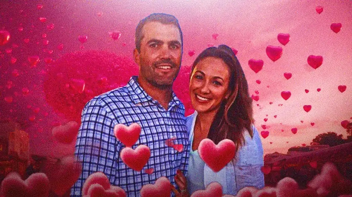 Kevin Stefanski and Michelle Stefanski surrounded by hearts.