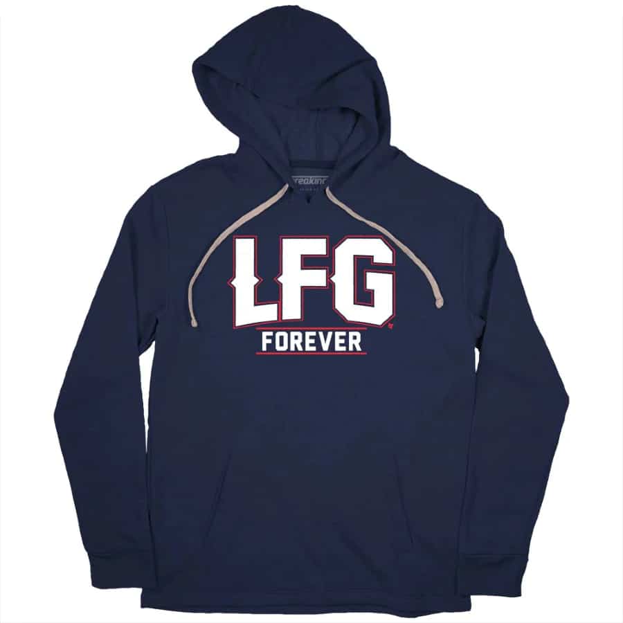 LFG Forever New England Hoodie - Navy colored on a white background.