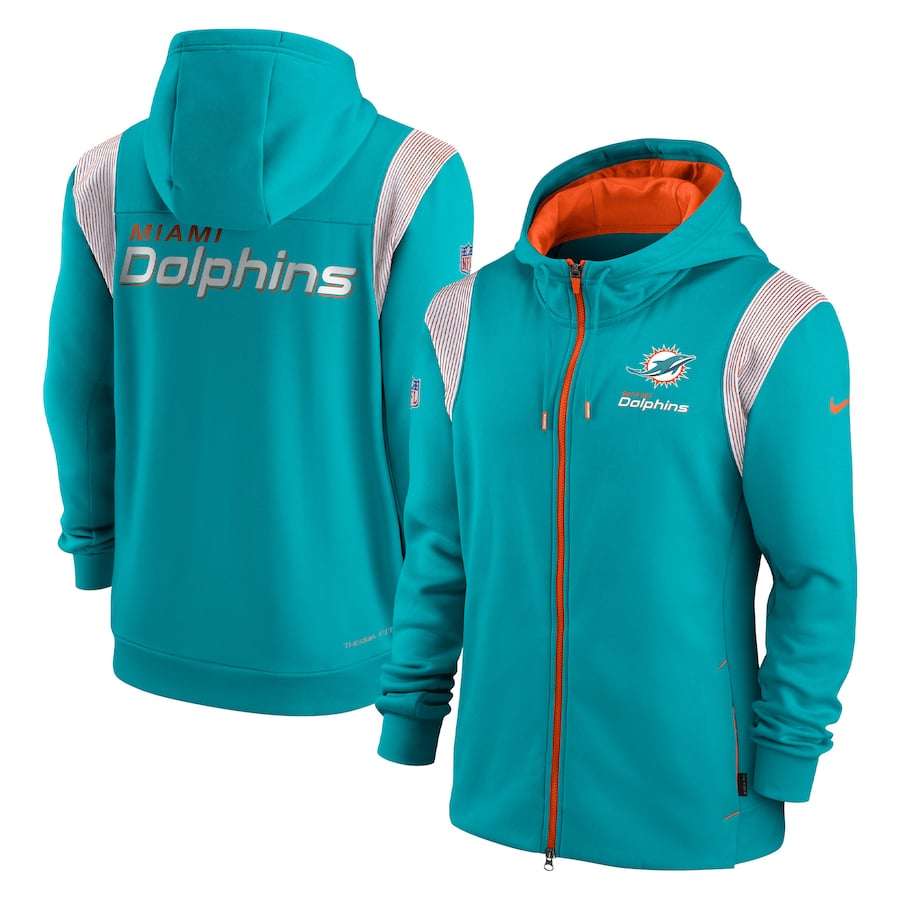 Miami Dolphins Nike Performance Sideline Lockup Full-Zip Hoodie - Aqua colored on a white background.
