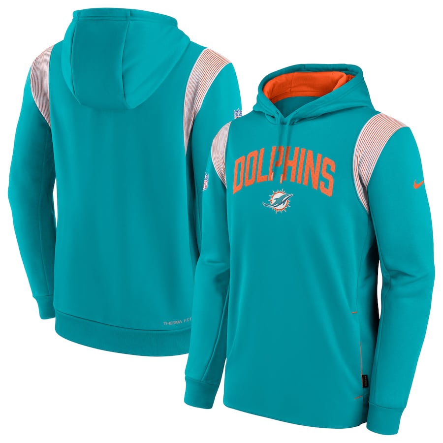 Miami Dolphins Nike Sideline Athletic Stack Performance Pullover Hoodie - Aqua color on a white background.