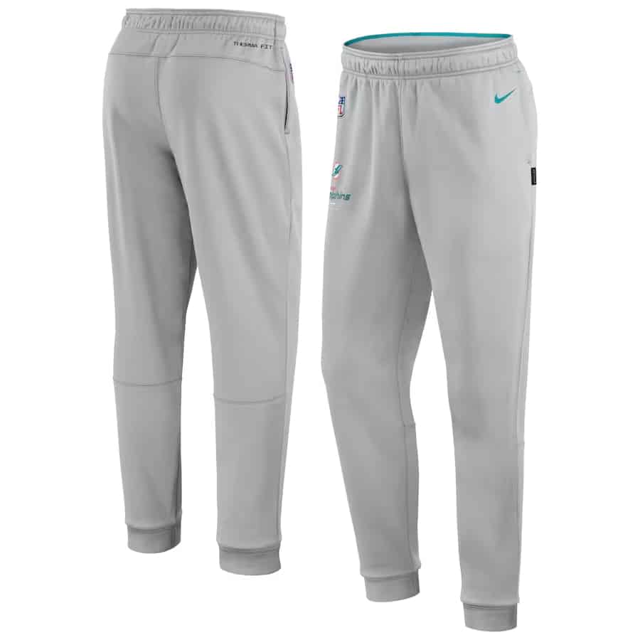 Miami Dolphins Nike Sideline Logo Performance Pants - Gray colored on a white background.