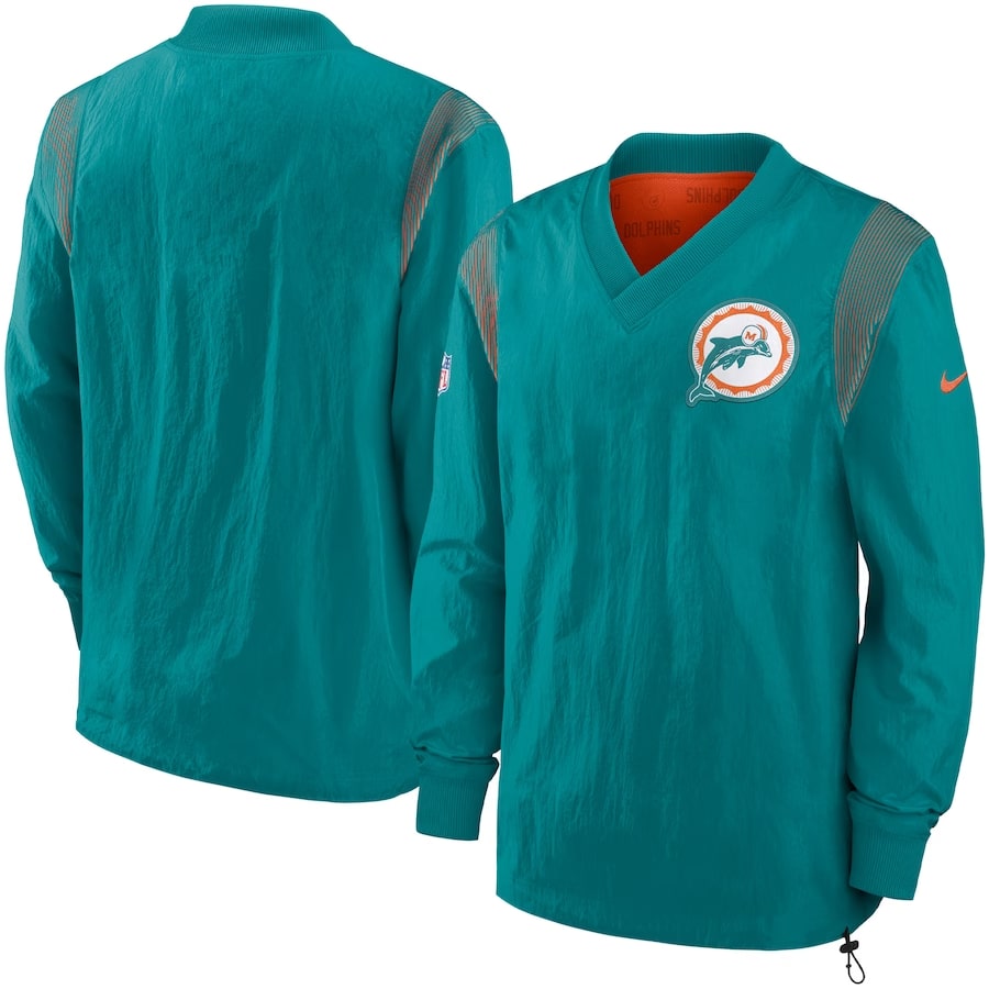 Miami Dolphins Nike Sideline Team ID Reversible Pullover Windshirt - Aqua color on a white background.