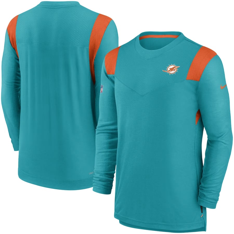 Miami Dolphins Nike Sideline Tonal Logo Performance Player Long Sleeve T-Shirt - Aqua colored on a white background.
