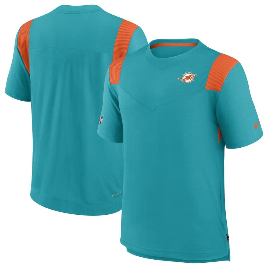 Miami Dolphins Nike Sideline Tonal Logo Performance Player T-Shirt - Aqua colored on a white background.