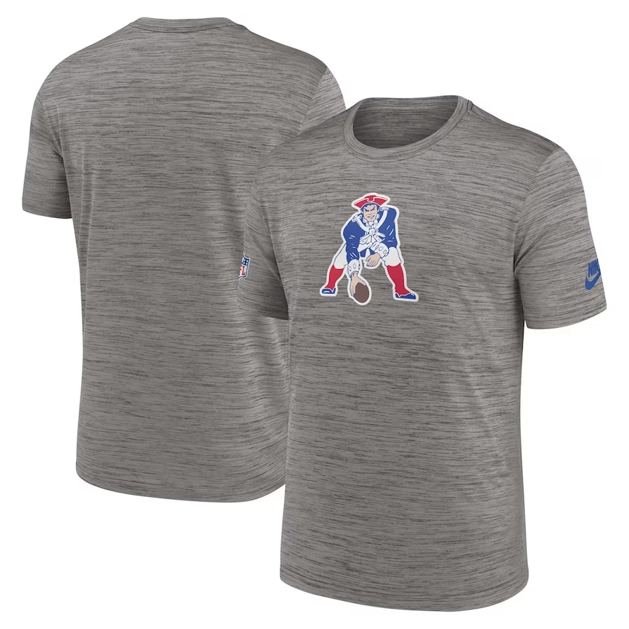 New England Patriots Nike 2023 Sideline Alternate Logo Performance T-Shirt - Heather Charcoal color on a white background.