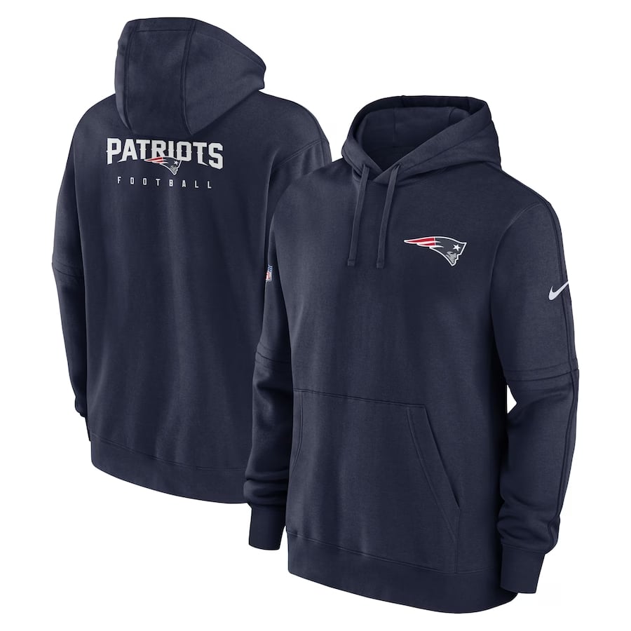 New England Patriots Nike Sideline Club Fleece Pullover Hoodie - Navy color on a white background.