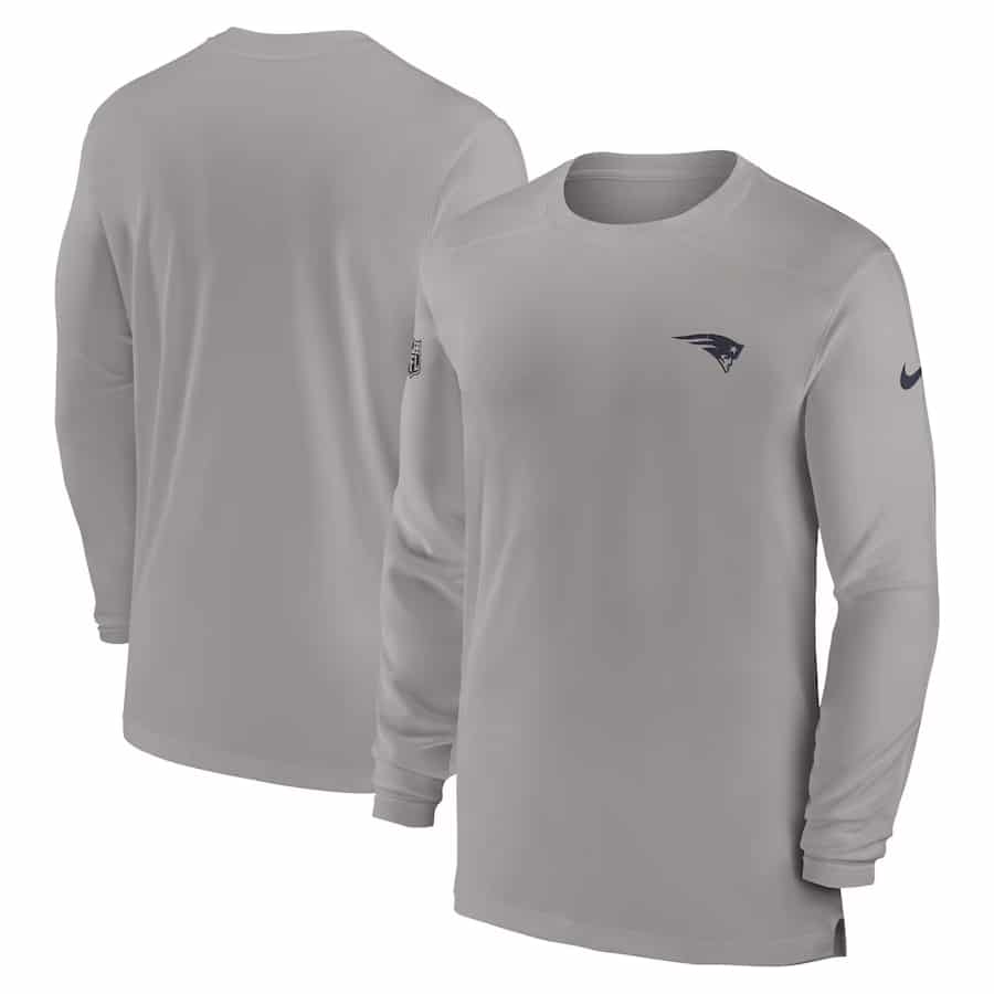 New England Patriots Nike Sideline Coach Performance Long Sleeve T-Shirt - Gray colored on a white background.