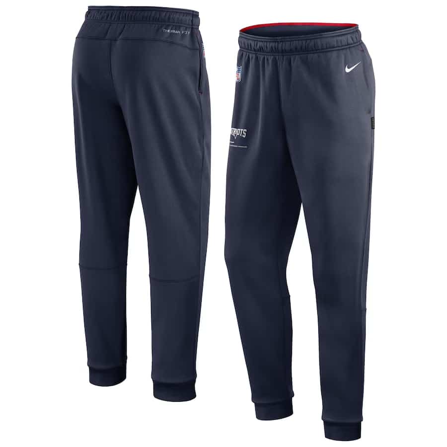New England Patriots Nike Sideline Logo Performance Pants - Navy color on a white background.