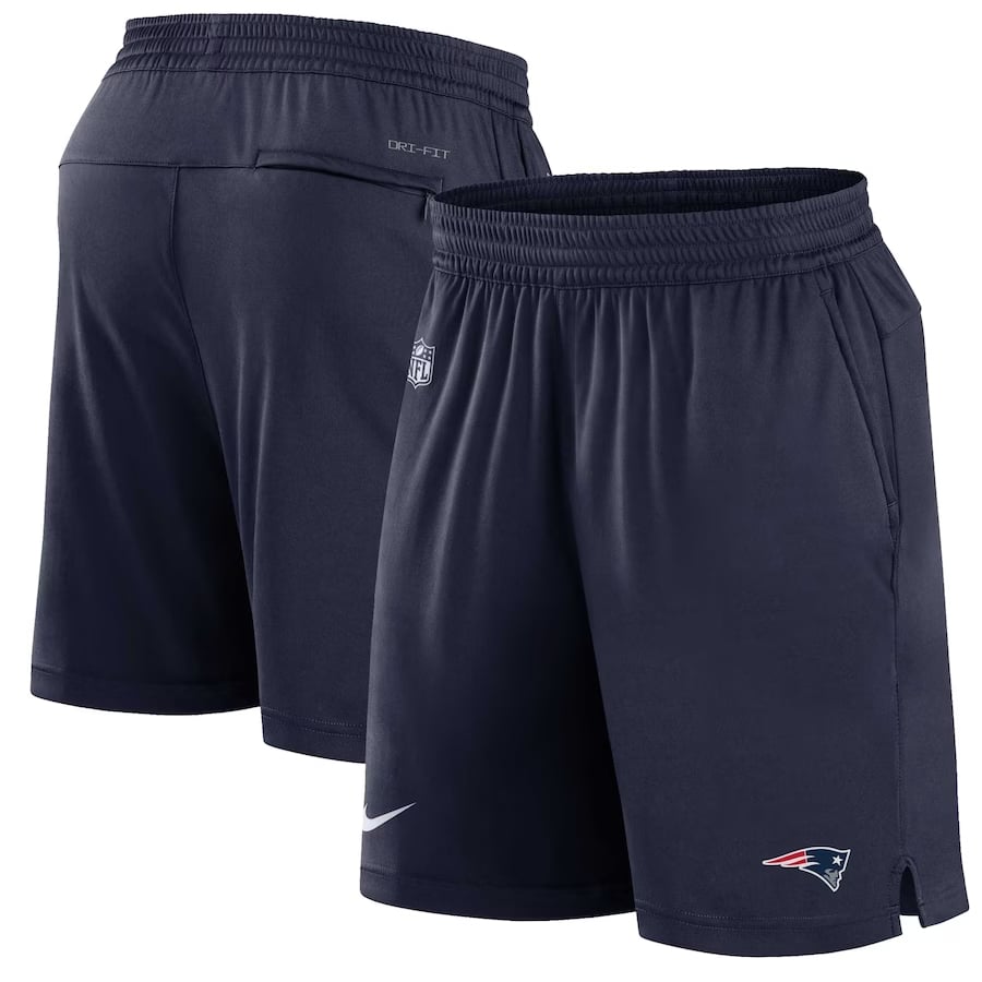 New England Patriots Nike Sideline Performance Shorts - Navy colored on a white background. 