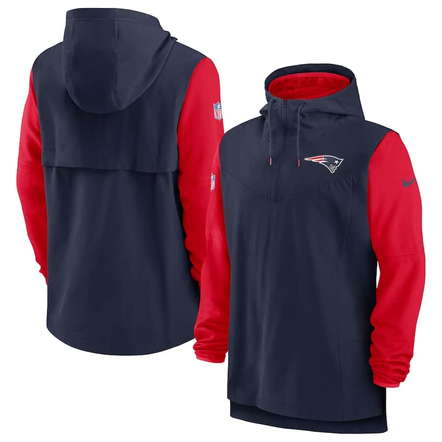 New England Patriots Nike Sideline Player Quarter-Zip Hoodie - Navy/Red  colorway on a white background.