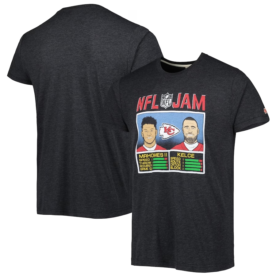 Patrick Mahomes & Travis Kelce Kansas City Chiefs Homage NFL Jam Tri-Blend T-Shirt - Heather Black colored on a white background. 