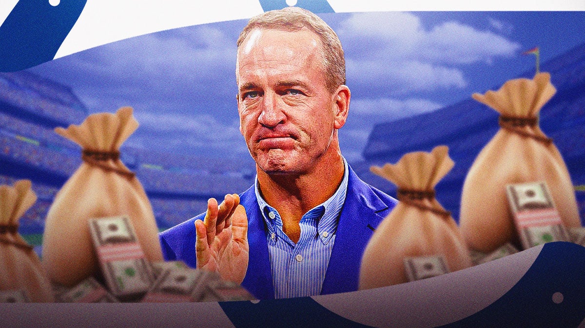Peyton Manning surrounded by piles of cash.