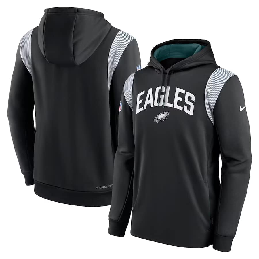 Philadelphia Eagles Nike Sideline Athletic Stack Performance Pullover Hoodie - Black colored on a white background.