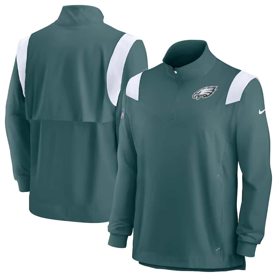 Philadelphia Eagles Nike Sideline Coach Chevron Lockup Quarter-Zip Long Sleeve Top - Midnight Green colored on a white background.