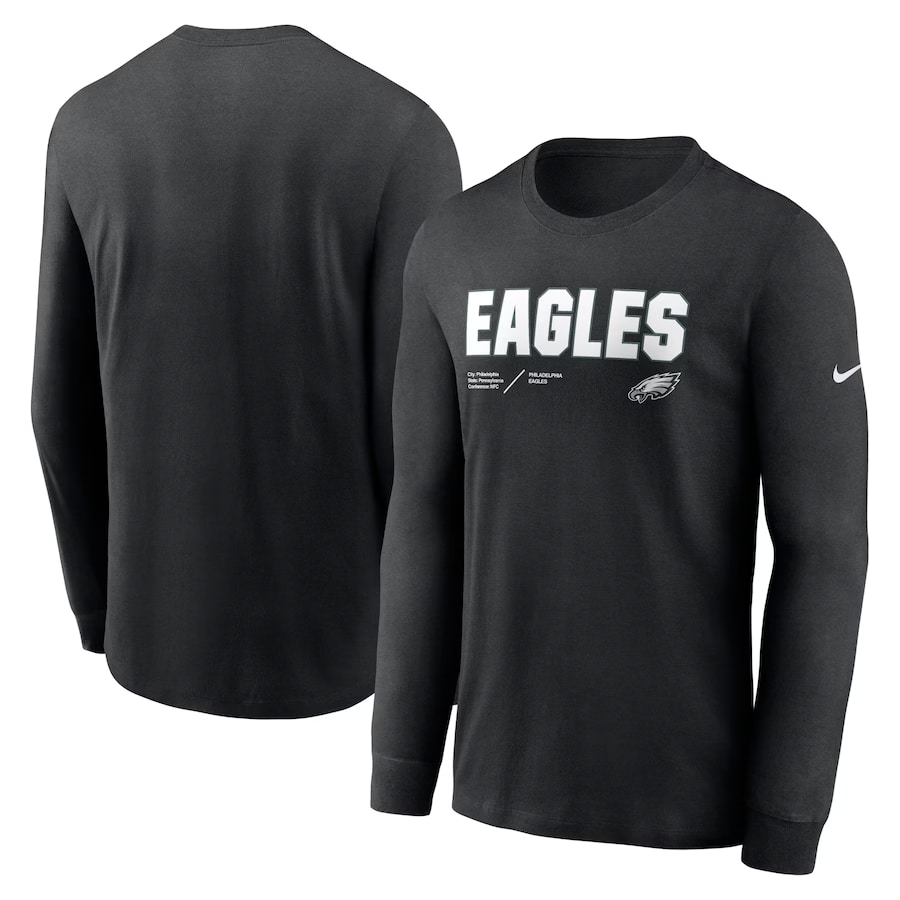 Philadelphia Eagles Nike Sideline Infograph Lock Up Performance Long Sleeve T-Shirt - Black colored on a white background. 