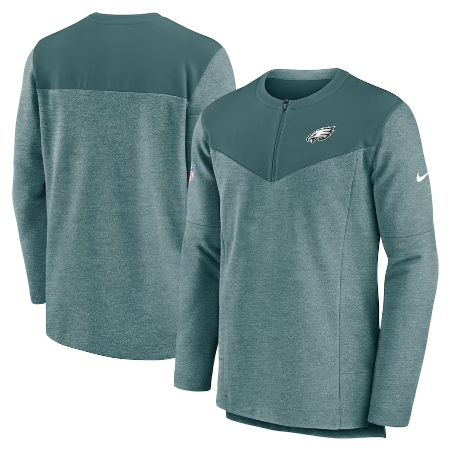 Philadelphia Eagles Nike Sideline Lockup Performance Quarter-Zip Top - Midnight Green colored on a white background.