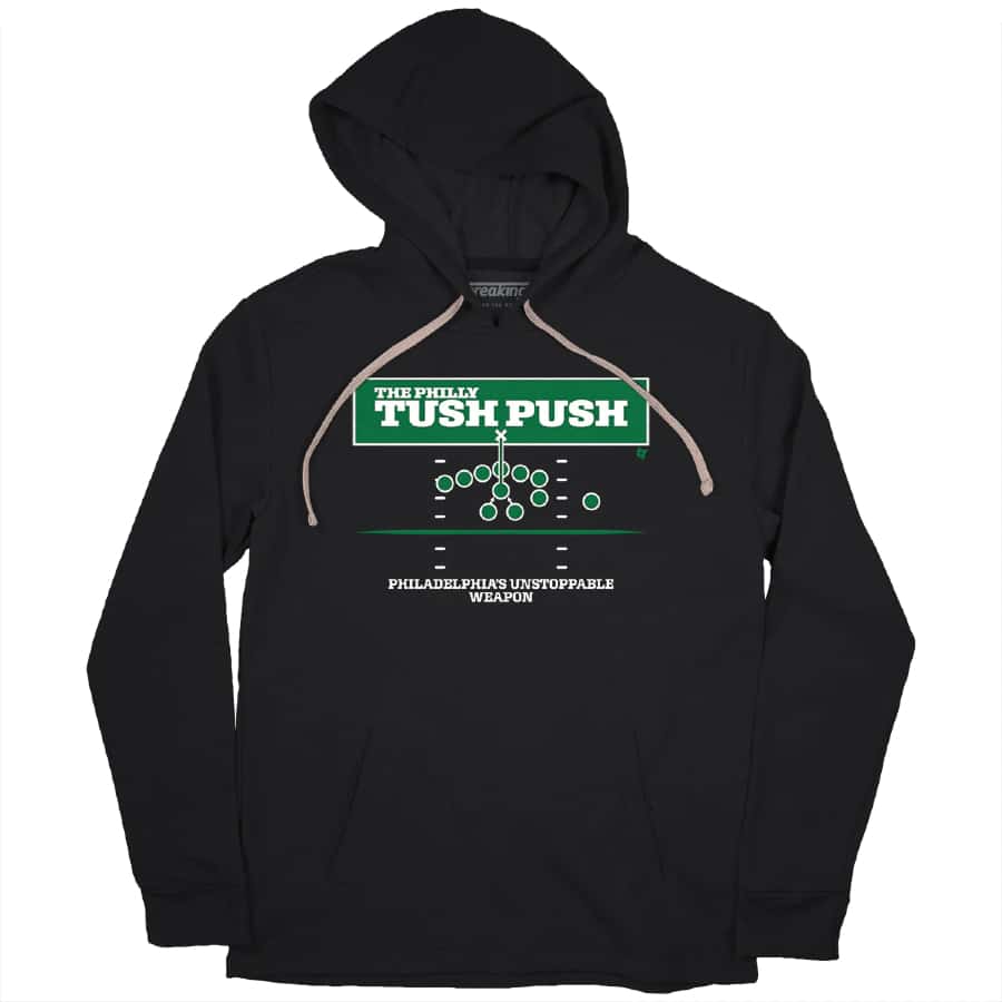 Philly Tush Push Hoodie - Black colored on a white background. 